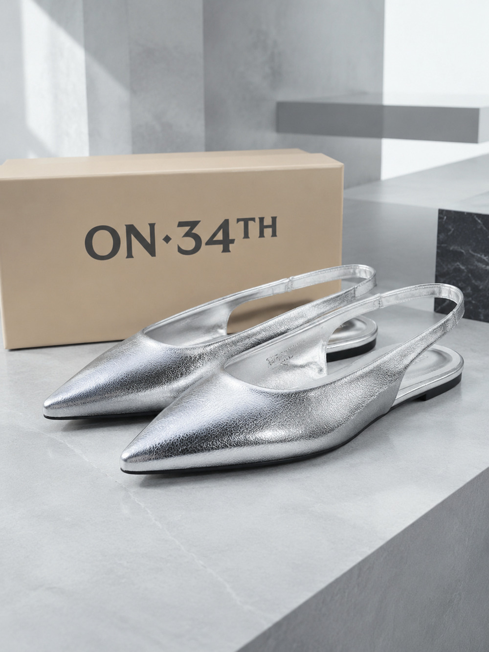 NIB On 34th Mayaa Silver Crackle Pointed Toe Slingback Flats Women’s 5